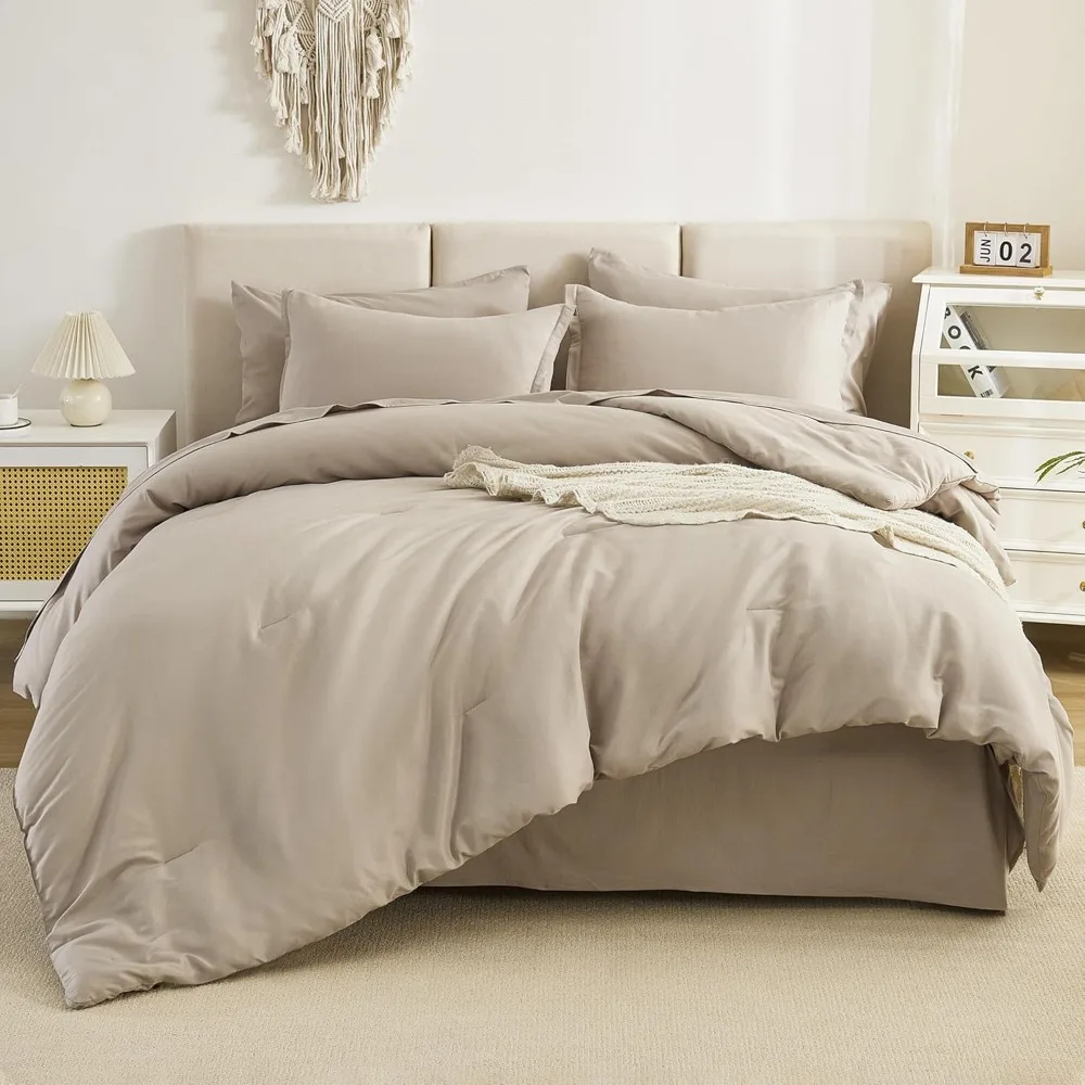 

Bedding Comforter Set Oatmeal, 7 Pieces Bed in A Bag, Plain Lightweight with Comforter, Sheets, Pillowcases & Shams, Bed Cover