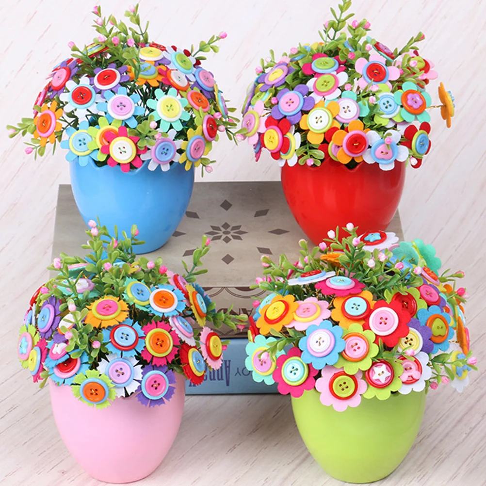 

4Pcs Kids Flower Craft Kit DIY Button Bouquet Smooth Safe Edges Educational Flower Making Supplies Perfect Birthday Festival