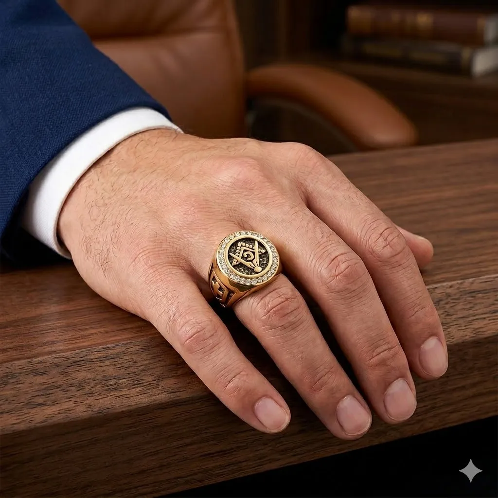 Bague Chevalière Maçonnique Vintage St-Delan pour Homme, en Acier Inoxydable Doré, Ornée de Cristaux, Style Motard, Bijou Masculin