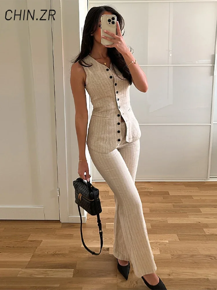 

Elegant Striped Vest Pants Sets Women Slim V-neck Sleeveless Single Breasted Top Hip Package Flare Pant 2025 Summer Office Suit
