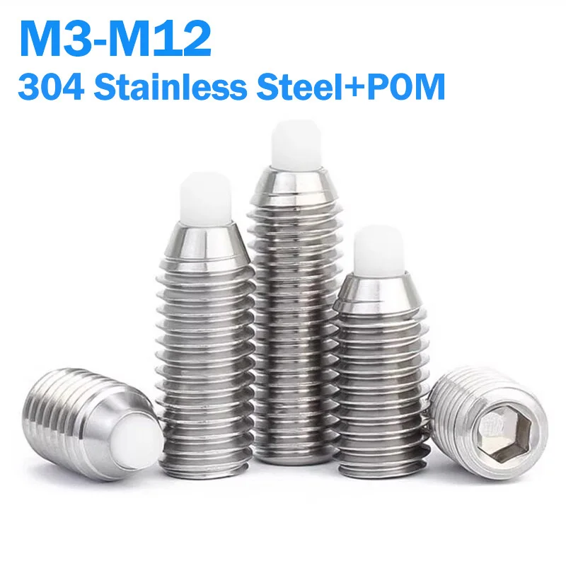 M3~M10 304 Stainless Steel POM Ball Hex Socket Allen Spring Ball Plunger Plastic Head Retractable Spring Plunger Grub Set Screw