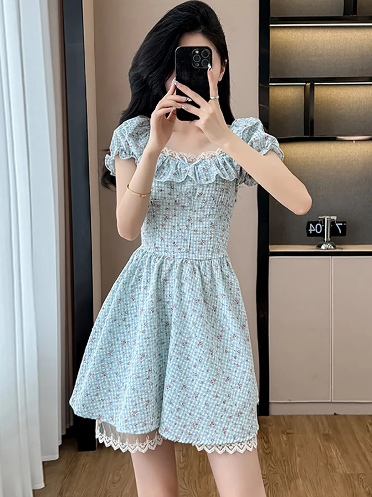Kobiety w kratę Kwiatowy bufiasty rękaw Kwadratowy kołnierzyk Mini sukienka Letnia elegancka koronkowa sukienka z falbankami 2025 Koreańska sukienka imprezowa Bodycon