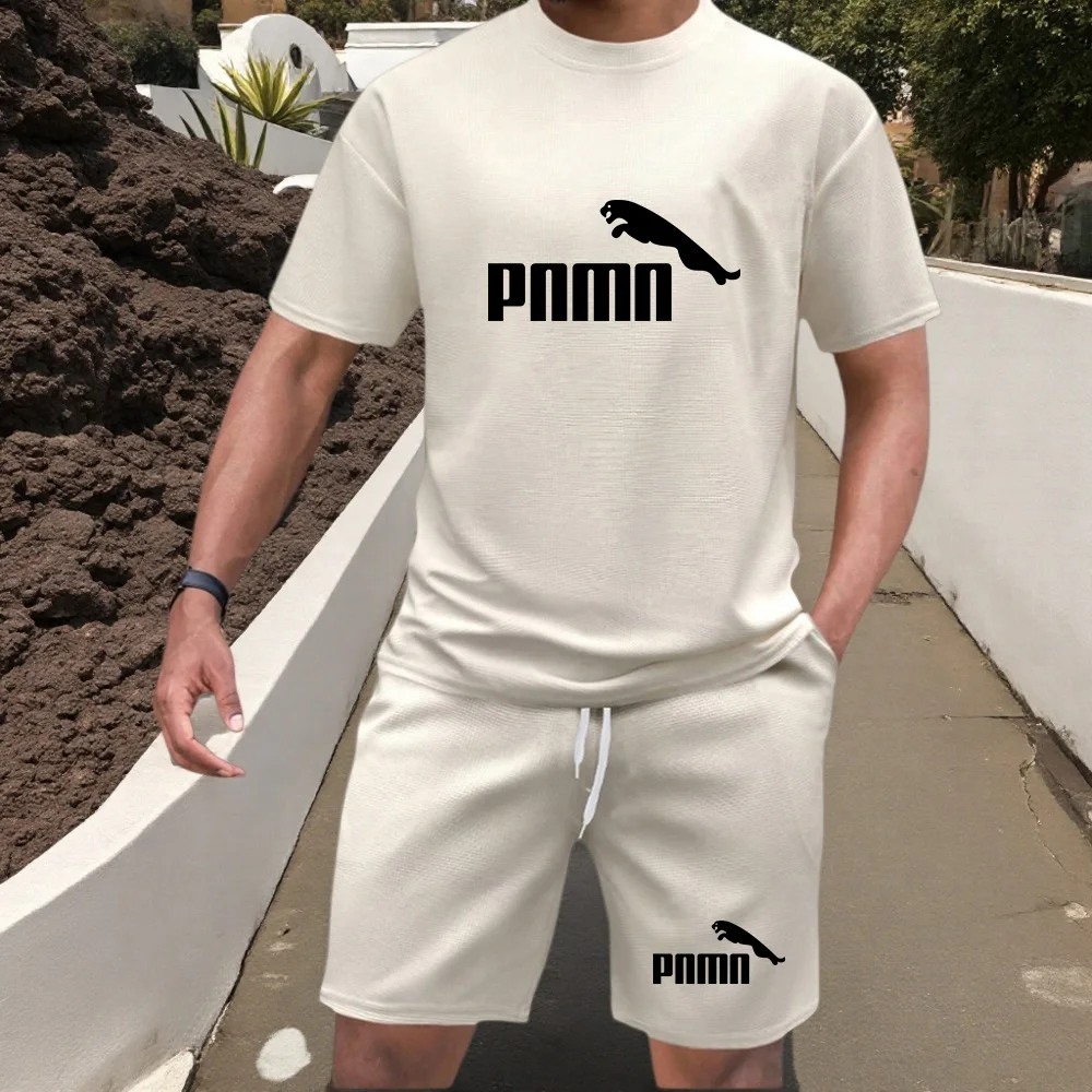 

2026 Summer Men's Fashion Bear Printed Soft and Breathable Round Neck T-shirt Shorts Set Outdoor Casual Two Piece Set