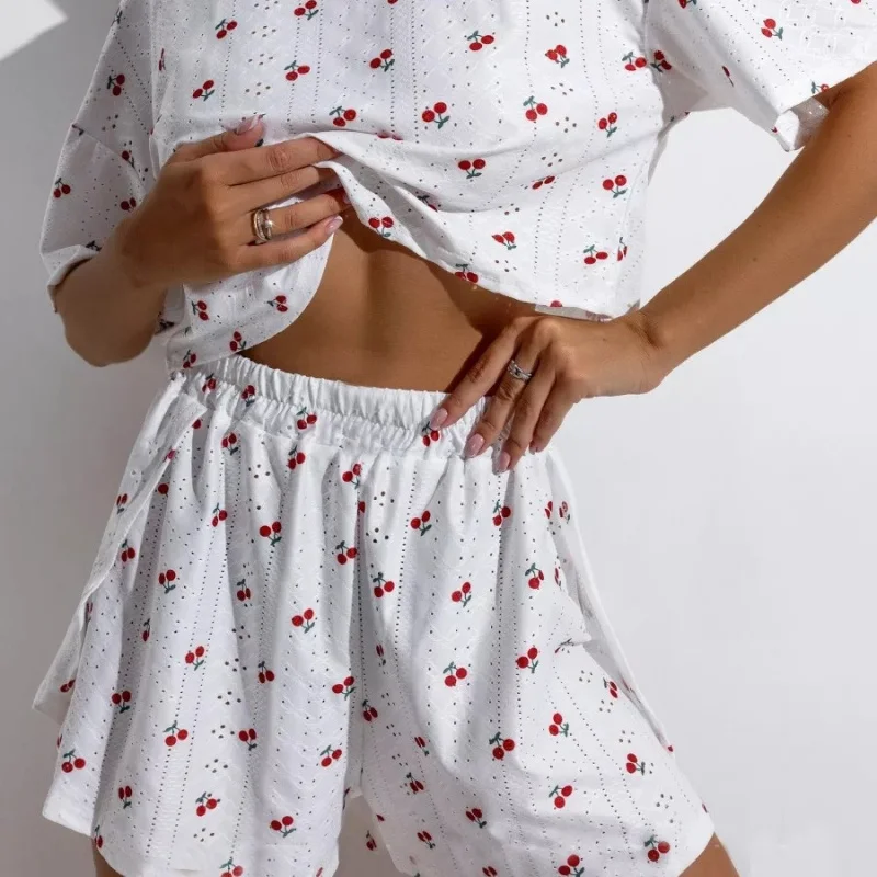

Summer New Ladies Sexy Short-Sleeved Pajamas Homewear Set Girls Knitted Jacquard Cherry Print Shorts Pajama Set Homewear