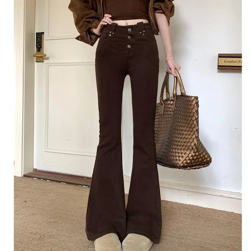 Retro American Elastic Slim High Waist Jeans Micro Flared Long Pants Versatile Casual High Waist Long Trousers for Women