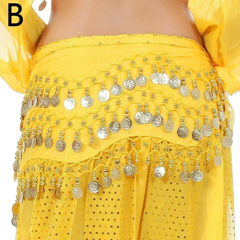 ผ้าพันสะโพกสำหรับเต้นระบำหน้าท้องของผู้หญิงสุดเซ็กซี่ผ้าพันสะโพกแบบเข็มขัดกระโปรงนักเต้นสามชั้นสีทองมีโซ่พันเอวสำหรับฝึกเต้นผ้าพันสะโพก