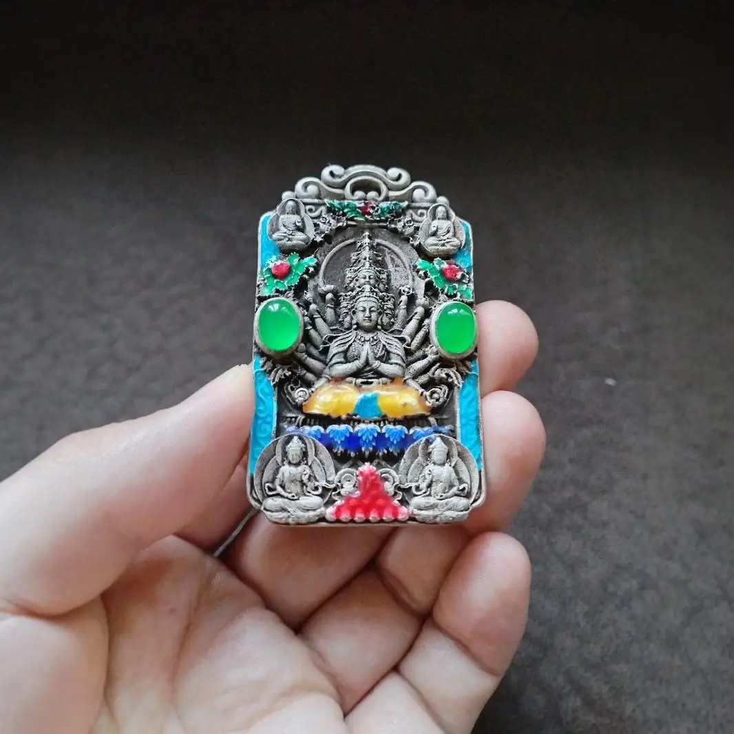 Tibetan Old Patina Silver Thousand Hands Guanyin Pendant Antique Vintage Necklace