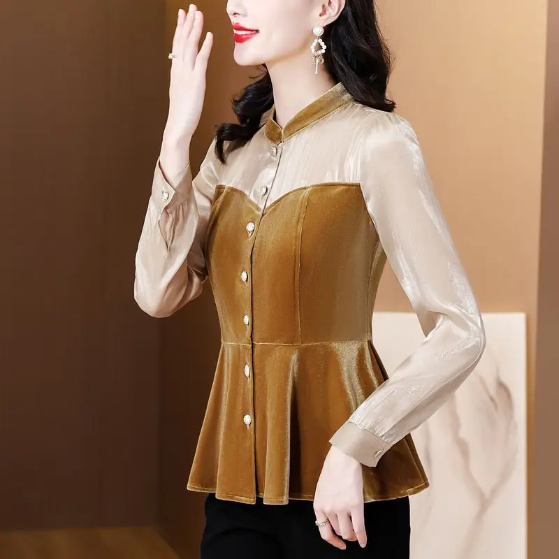 

2025 Fashion Spliced Blouses Women's Long Sleeve Shirts Spring Summer Stand-up Collar Single-breasted Slim Tops Coats TT367
