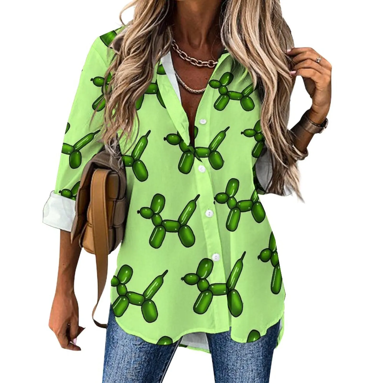 Green Balloon Animal Loose Blouse Fun Dog Basic Oversized Blouses Woman Long Sleeve Kawaii Shirt Summer Graphic Top