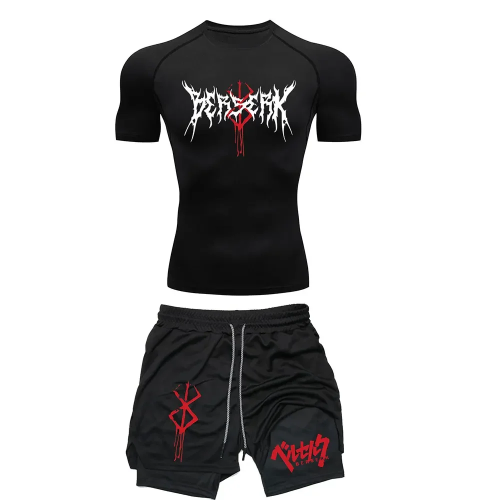 Conjunto de camiseta ajustada y pantalones cortos con cordón de doble capa, con estampado divertido de anime a la moda 2026, transpirable, suave para la piel y de ajuste holgado para fitness.