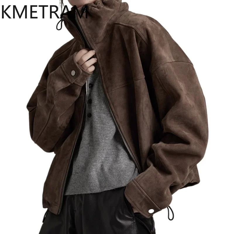 KMETRAM 100% Natural Sheepskin Reverse Suede Genuine Leather Jacket Old Money Aesthetic Short Women Clothing 2025 Autumn пальто