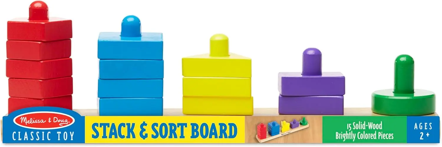 Stack and Sort Board - Wooden Educational Toy With 15 Solid Wood Pieces