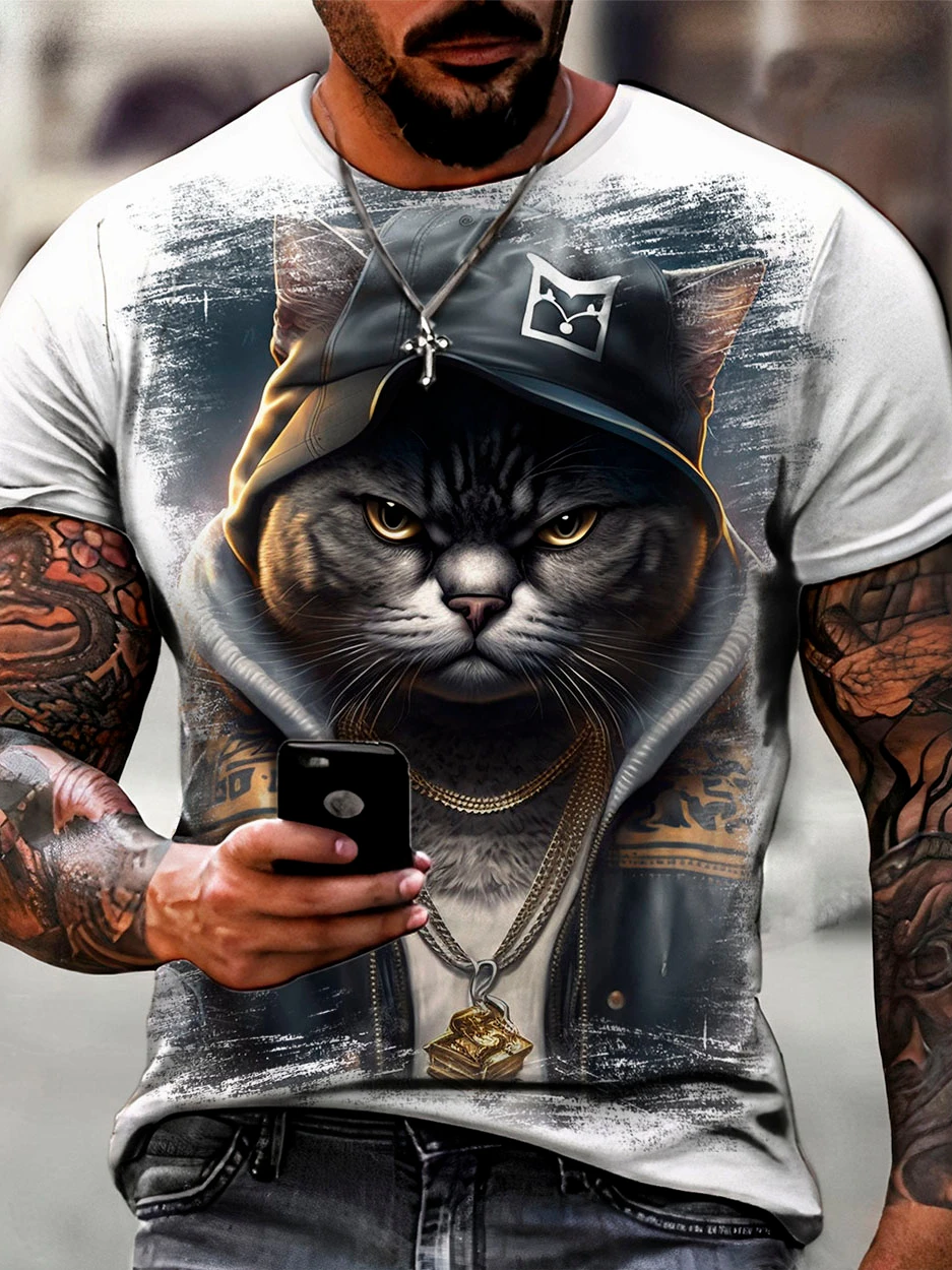 Male Trend Cat Element T Shirt For Men Daily Outdoor Fashion Regular Fit O-neck Short Sleeve Comfortable Material Clothing Tops