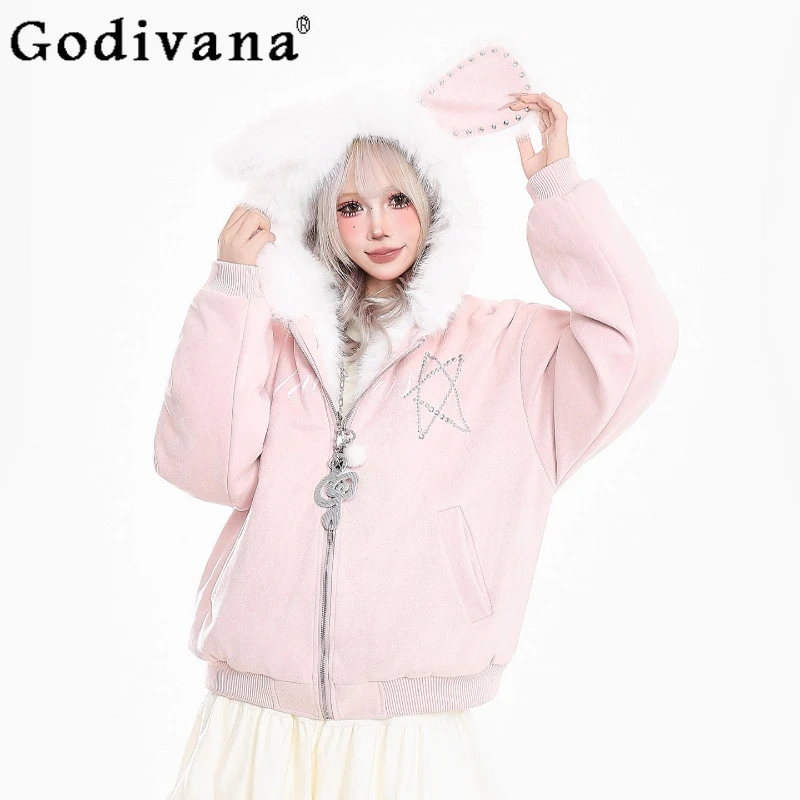 Y2K الفتيات الأرنب الأذن مقنعين سترات النساء الشتاء فضفاضة سميكة مبطن سترة قطن الإناث النمط الياباني معطف القطن الدافئ