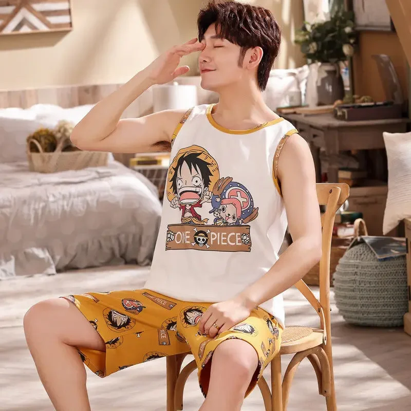 Mens Pajamas Summer Sleeveless Vest 2 Pack Nightwear For Young Boy INS Cartoon Man Pajamas Woman Anime Homewear