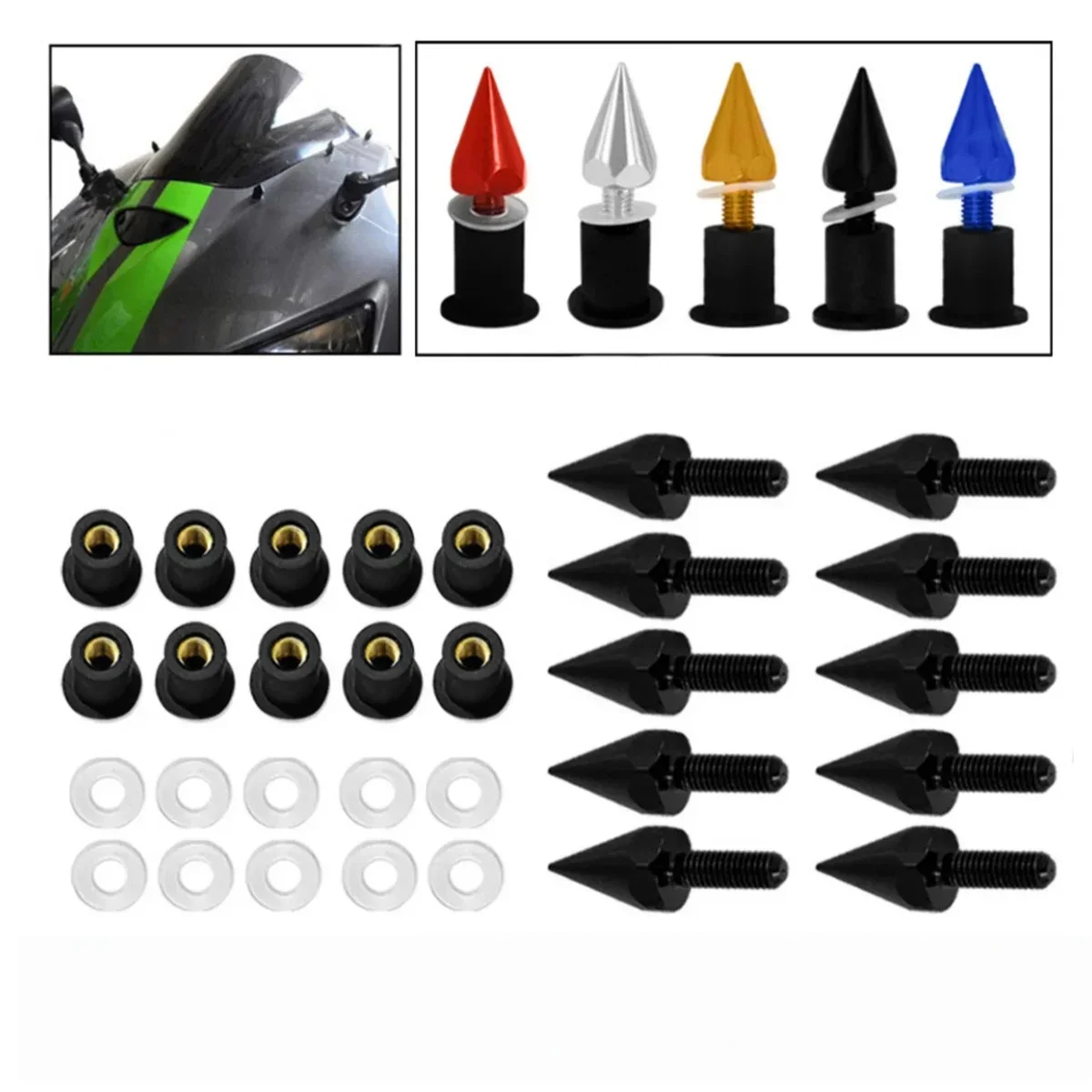 

10 Pcs Universal Windscreen Spike Bolts M5 Windshield Screw Well Nuts Motorcycle Cafe Racer Dual Sport bike Atv Scooter Off-road