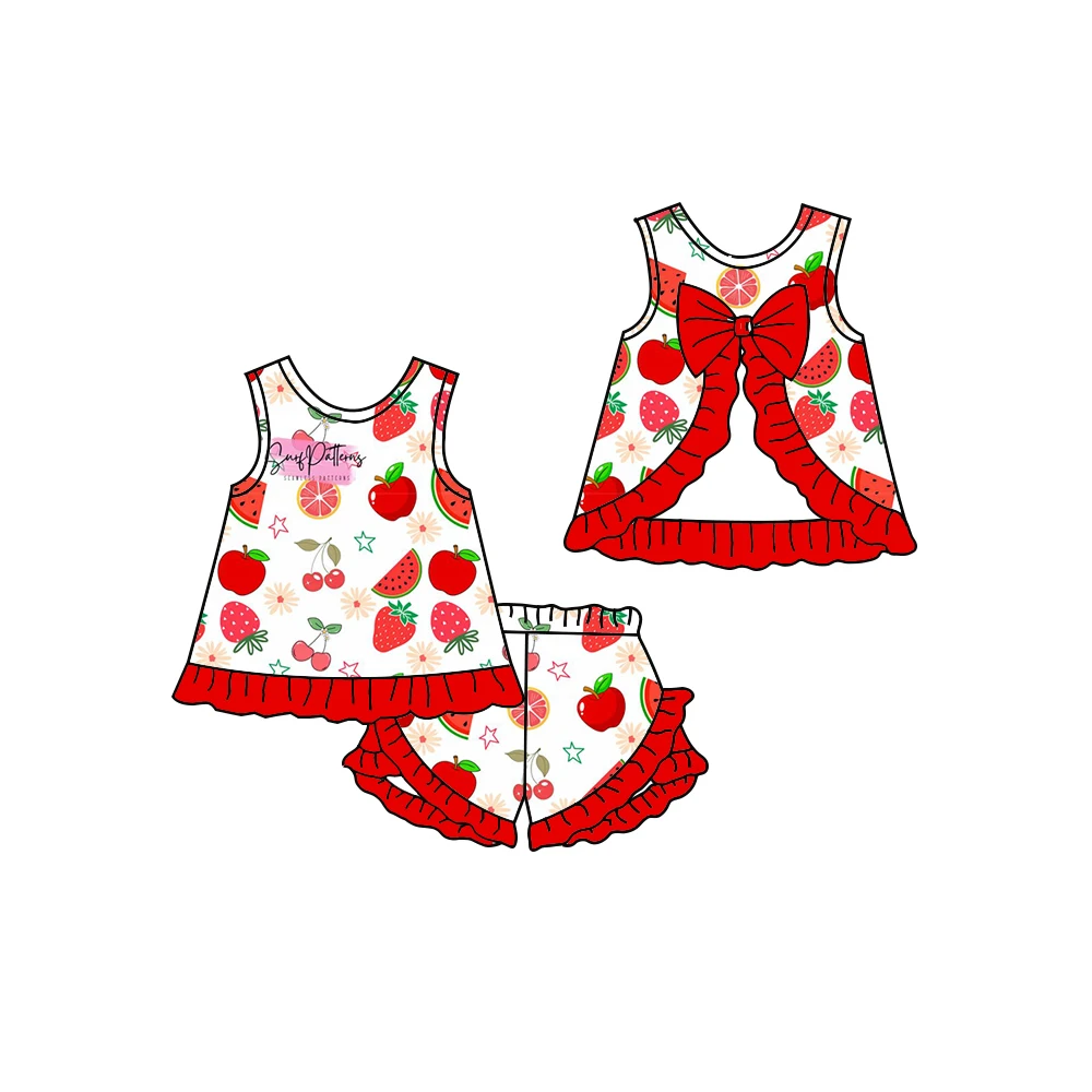 Boutique Girls 2-Piece Short Set Strawberry Watermelon Fruit Print Ruffled Hem & Back Bow Sleeveless Tank Top Ruffle Shorts Cust