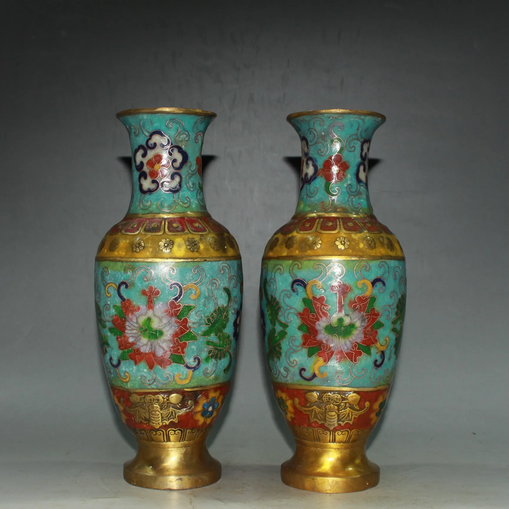 

6"Tibetan Temple Collection Old Bronze Cloisonne Enamel Flower texture Bat Bottle Vase A Pair Amass wealth Ornaments Town house