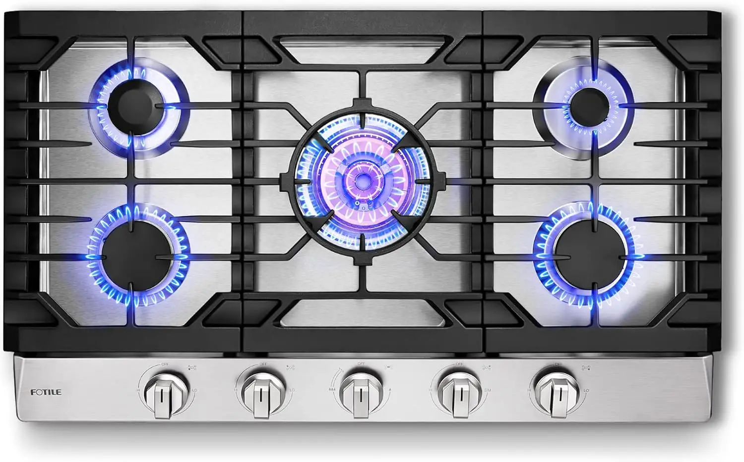 Stainless Steel 5-Burner Gas Cooktop, Tri-Ring 22,000 BTUs Center Burner with Flame Failure Protection Remov