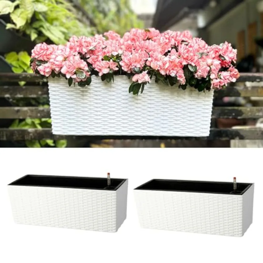 

Уличные кашпо LaLaGreen для балконов, 20 дюймов, 2 шт., большие белые самополивающиеся прямоугольные кашпо для перил с кронштейнами