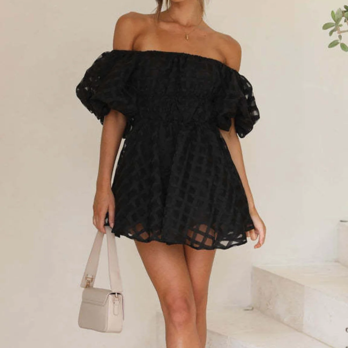 Vestido corto informal Hawaiano para mujer, traje holgado a cuadros, falda de cintura alta elástica con volantes y manga farol, traje de vacaciones
