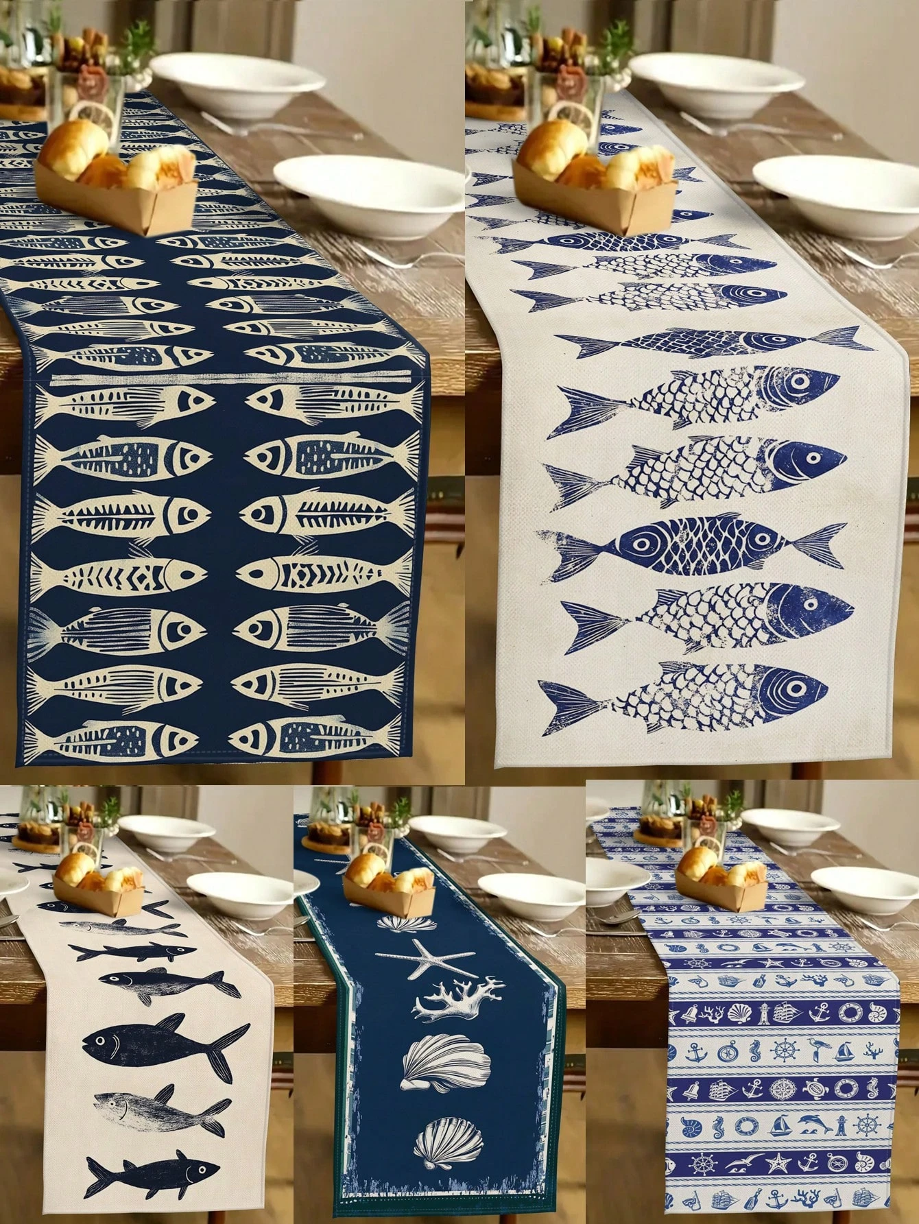 Tischläufer mit nautischen Fischen, einseitig, 2D-Druck, Tischdekoration im Küstenstil, langlebig wie Stoff, für Küche, Esszimmer, Strand, entspanntes Geschenk