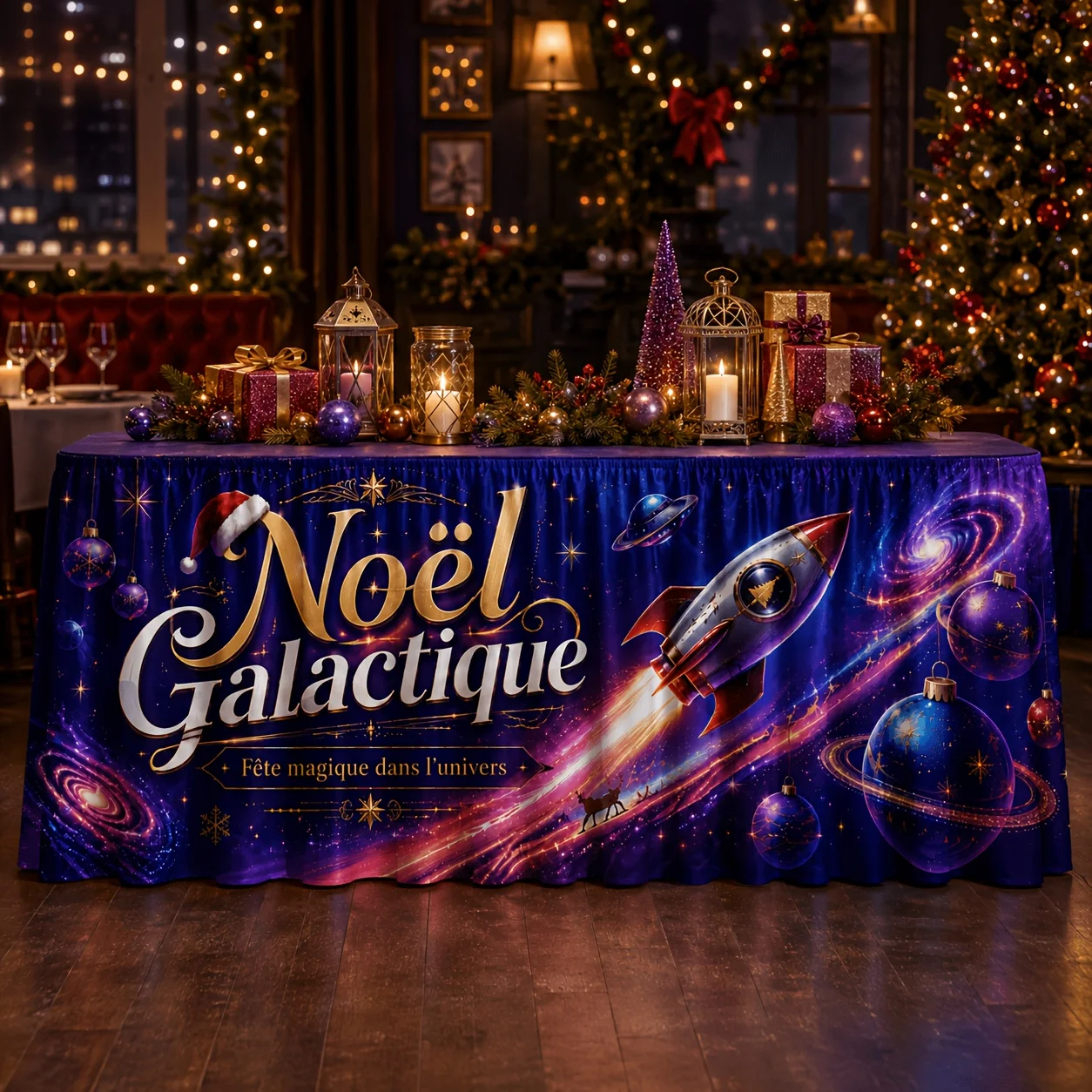 One-piece set - Galactic Christmas Tablecloth - Golden Cursive Rocket UFO Santa Reindeer Spiral Galaxy Table Decorationxzj