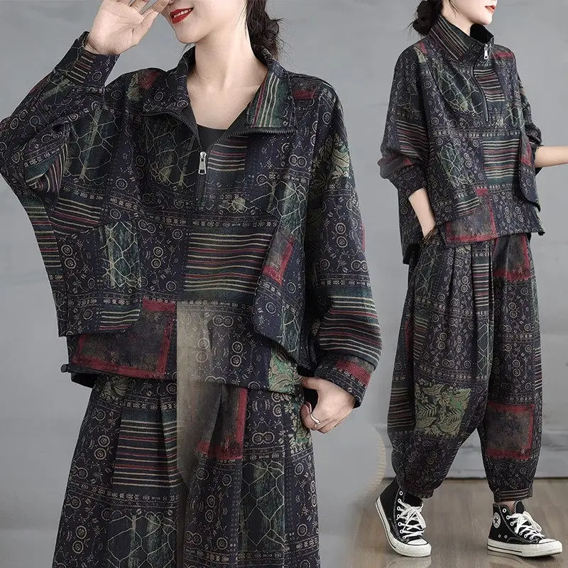 Printed Retro Fashion Sets Outfits Loose Large Size Casual Cotton And Linen Bat Sleeves Autumn Two-Piece Pants Tracksuit K2443