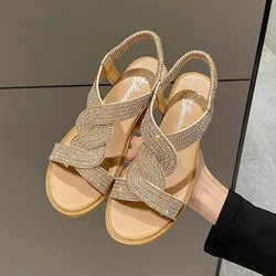 Women Fashion Sandals 2023 New Round Toe High Heels Slippers Beach Soft Sole Shoes Trend Diamond Decoration Slip-on Ladies Shoes