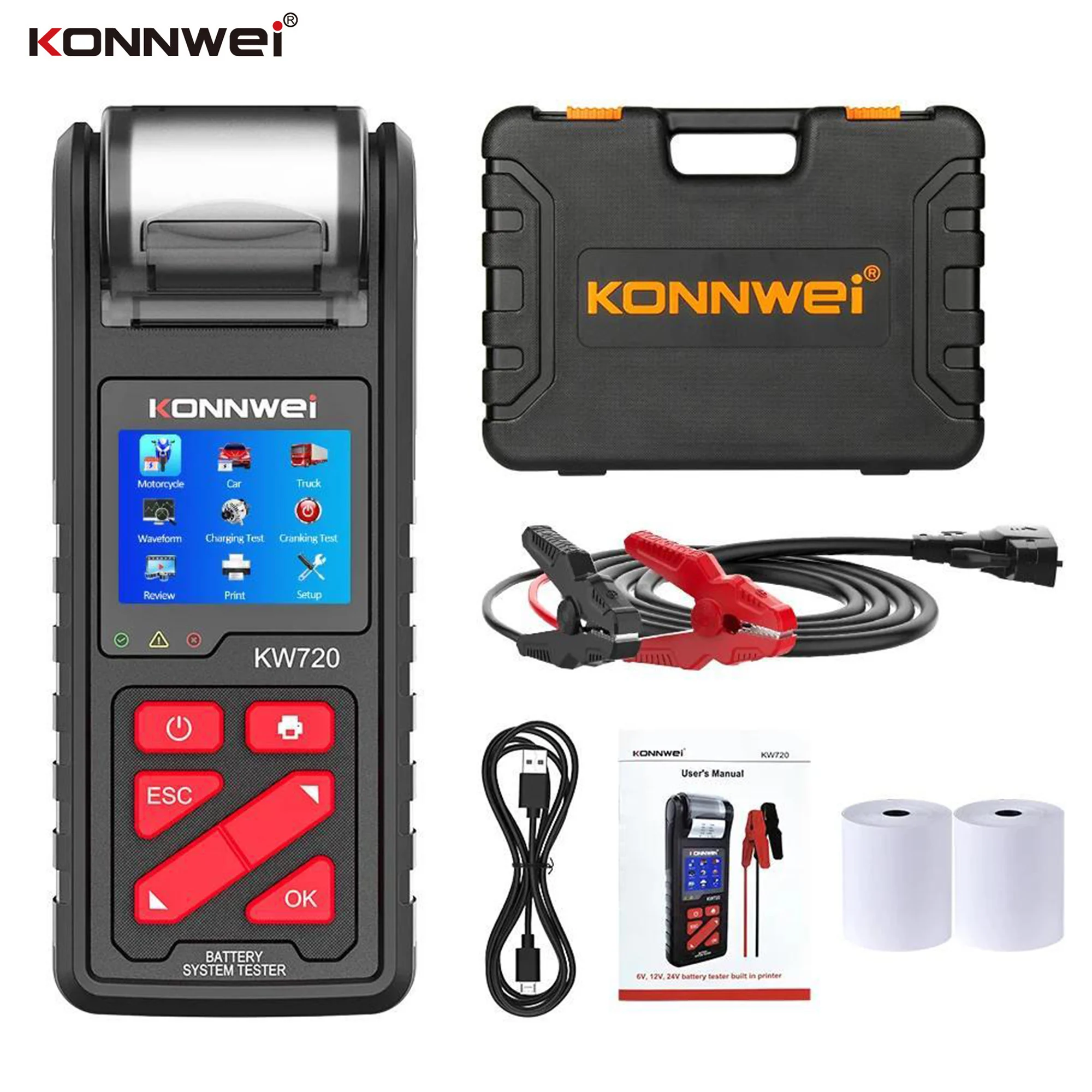 

KONNWEI KW720 Car Battery Tester 6V 12V 24V Built-in Printer Motorcycle Truck Battery Load Tester 100-2000CCA Battery Analyzer