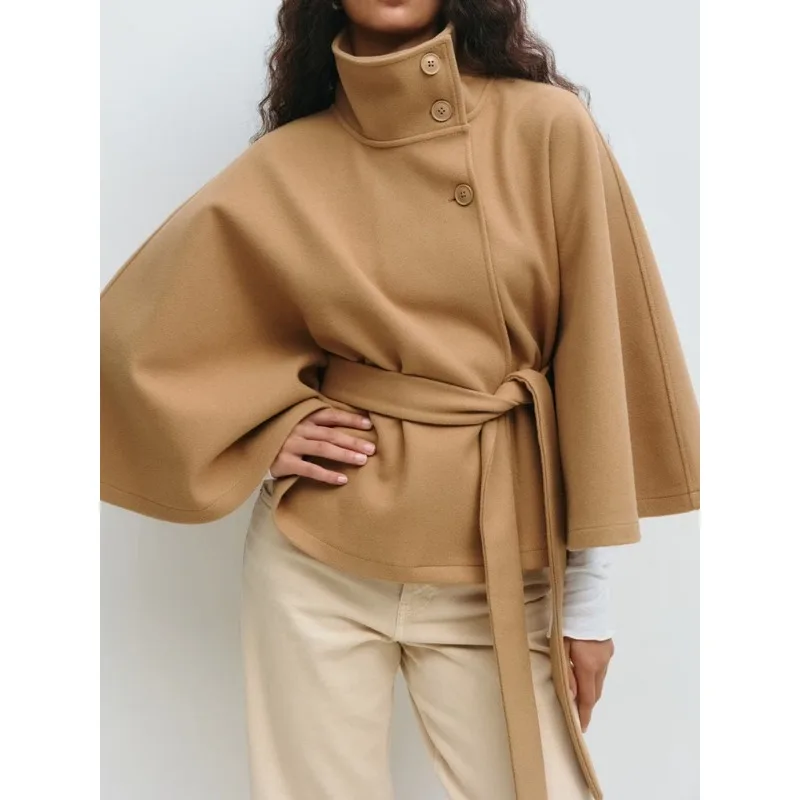 

New Women Fashion Autumn Winter Coat Pure Color Elegant Stand Collar Belted Cloak Female Commute Style Long Sleeve Outwear