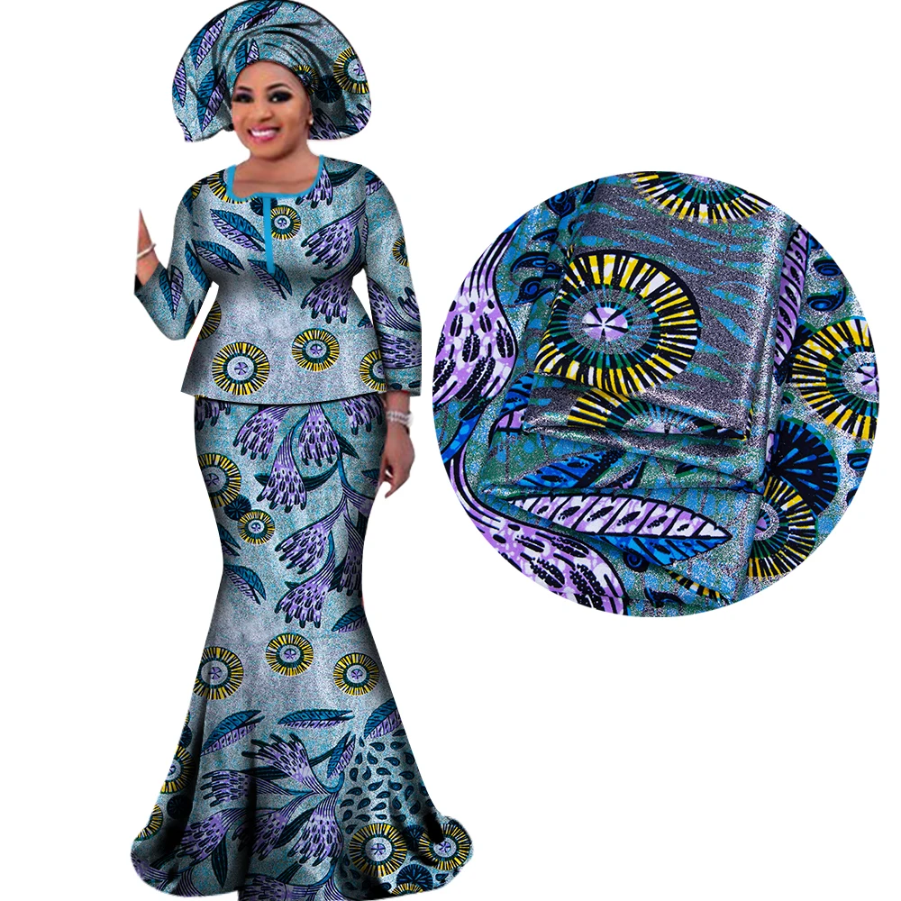 

Gild Women African Outfits with Headscarf Bazin Riche African Print Blouse and Long Skirts Bronzing Women Suits Clothes WY3109