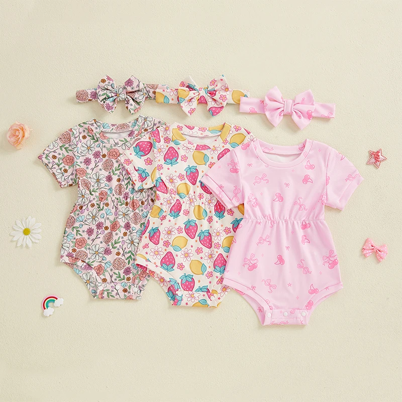 

Newborn Baby Girls Summer Romper Clothes Floral/Bow/Strawberry Print Short Sleeve Romper Jumpsuits Headband Cute Outfits