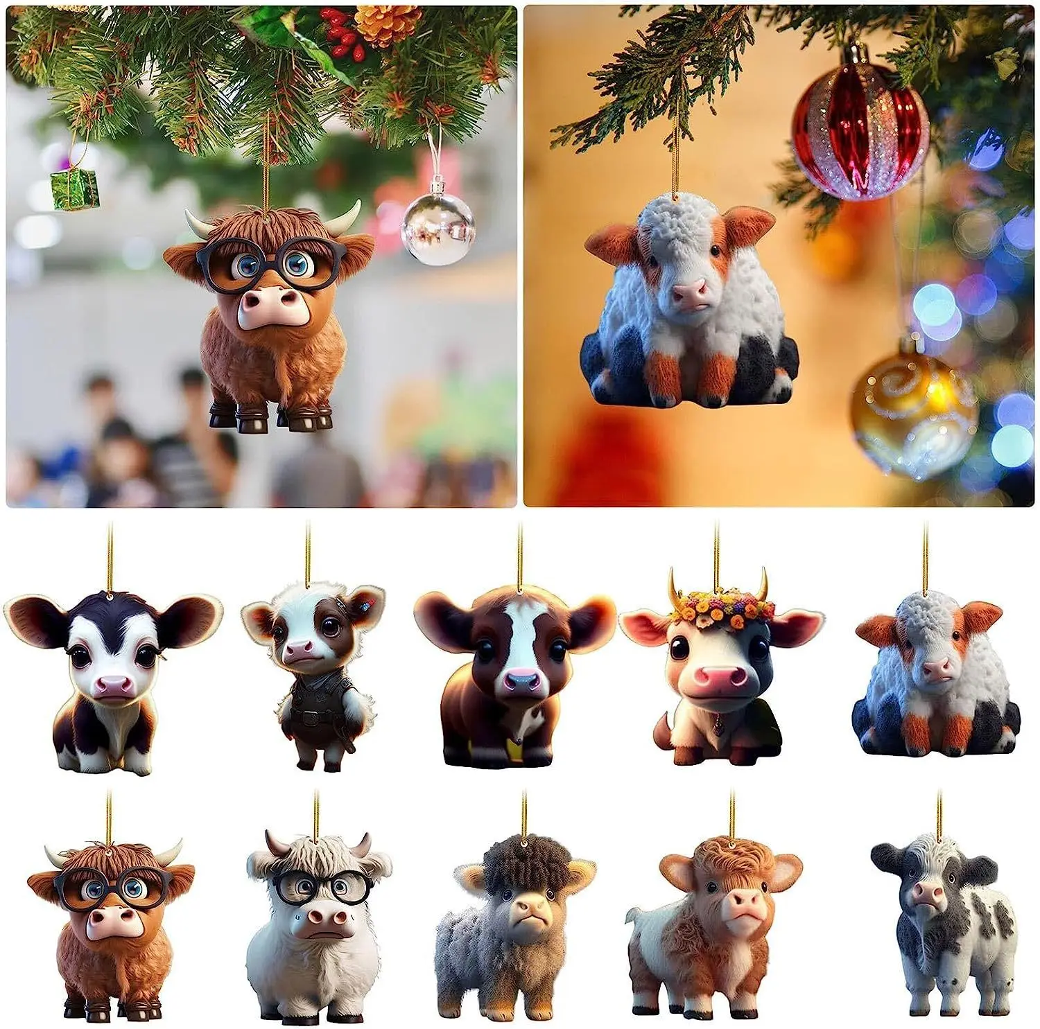 

1PC Christmas Acrylic Pendant Cute Cow Xmas Tree Hanging Ornaments Christmas Decorations For DIY Home Navidad Gift New Year 2023