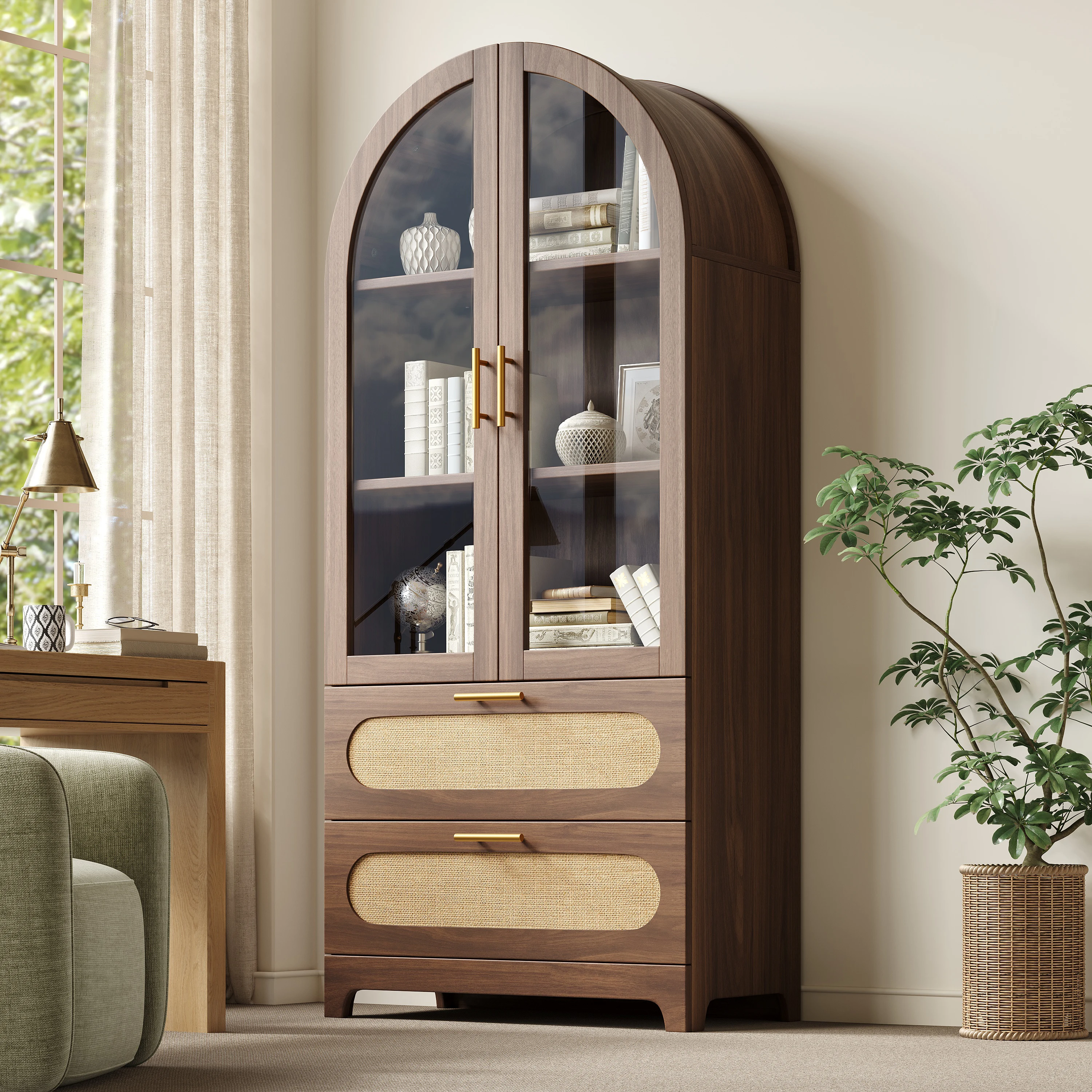 Vitrine mit Montmartre-Bogen, 175x80x40cm, Bücherregal mit 2 Schubladen und verstellbaren Ebenen, Retro-Design, Walnussholz