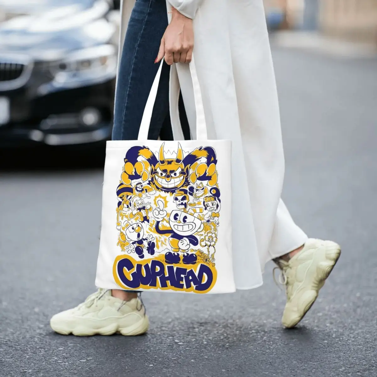 The Cuphead-Sac fourre-tout en toile vintage pour femme, sac à provisions de grande capacité, sacs de voyage réutilisables