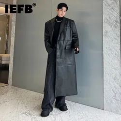 IEFB Autumn Winter Men's Leather Trench Coat Niche Design PU Wide Shoulder Long Overcoat Double Breasted Windbreaker New 9C3216