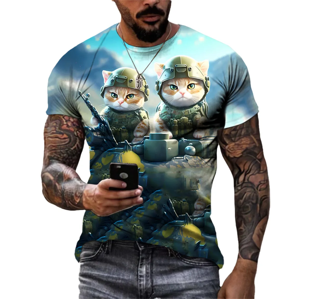 New Trend Cartoon Military Vehicle Men\'s T-shirt 3d Digital Print Hip Hop Crewneck Short Sleeve High-quality Quick-drying Shirt