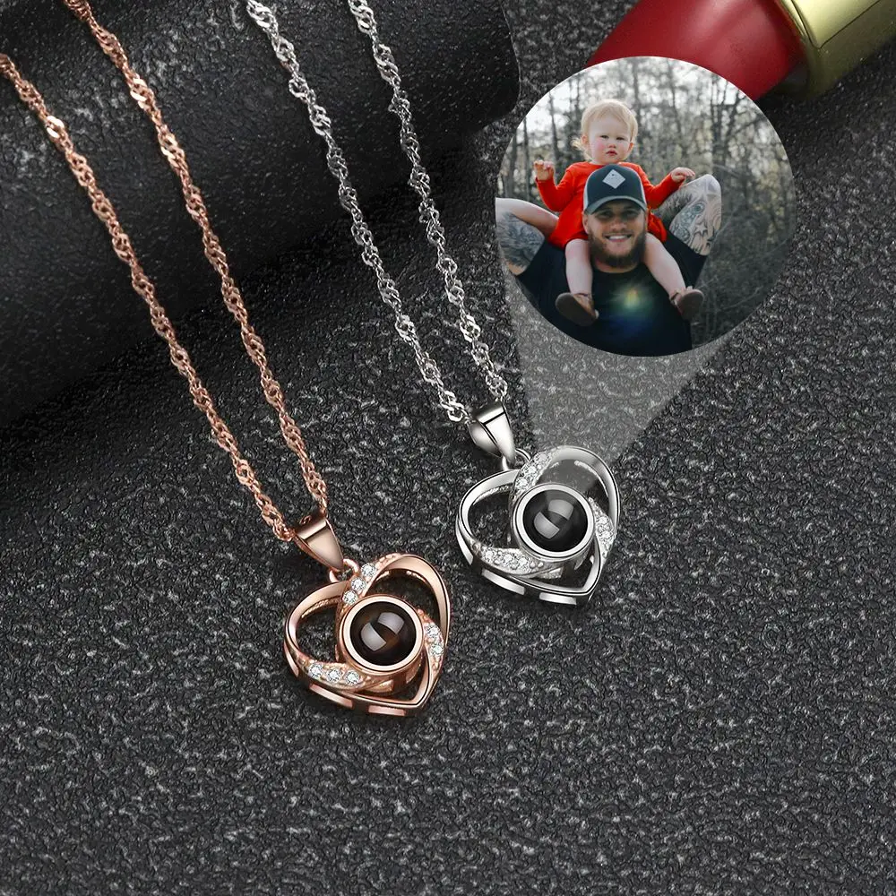 Custom Projection Photo Necklace S925 Silver Heart Pendant Necklace for Women Mother's Day Valentine Day Family Birthday Gift