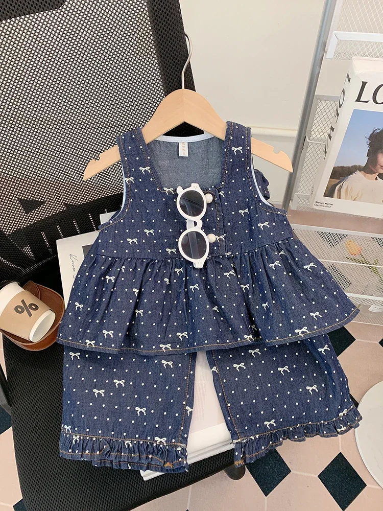 

Летняя одежда для девочек, тонкий джинсовый жилет, комплект из двух предметов, корейская дышащая повседневная одежда для детей от 8 лет