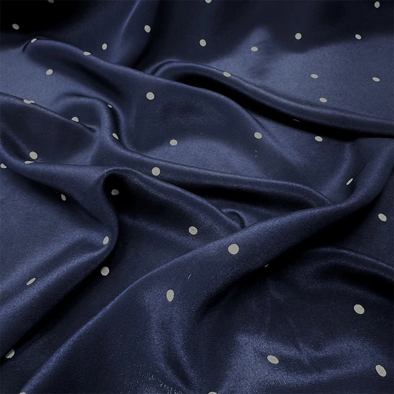 

1 meter 100% Mulberry Silk 16 momme Crepe Silk Fabric Navy Point Printed 140cm 55" wide by the yard JX210