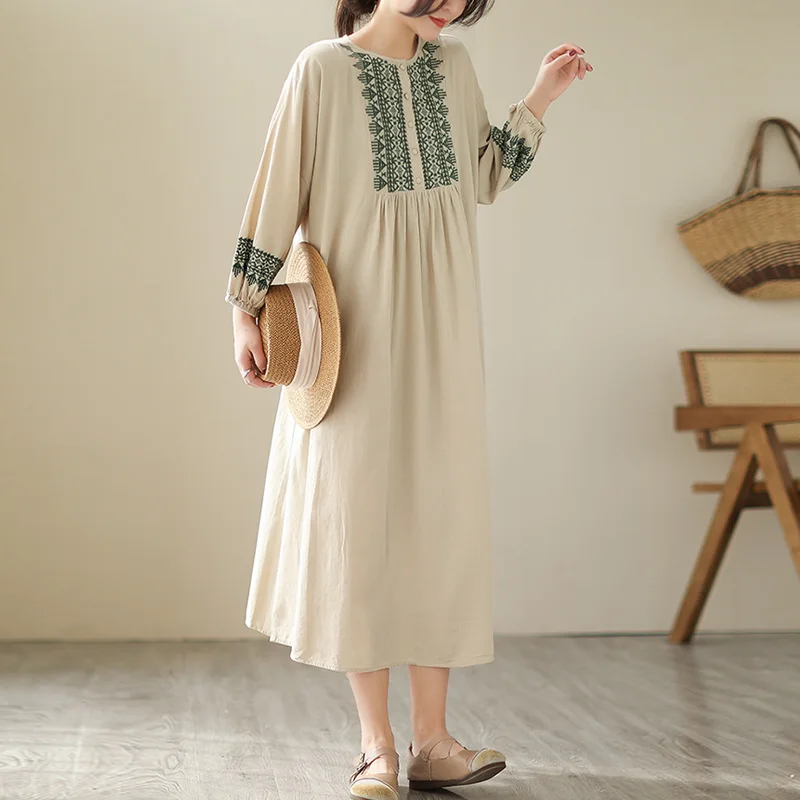 plus Size Slimming Dr Ethnic Sle Loose Lantern Sve Heavy Embroidery Cotton Linen Skirt A-Line Midi Dr Spring