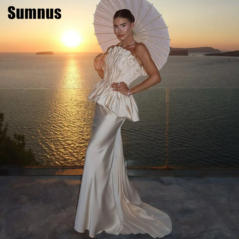 

Sumnus Elegant Mermaid Evening Dress Sleeveless Ruched Ruffle Floor-Length Prom Dresses فساتين سهرة Customized