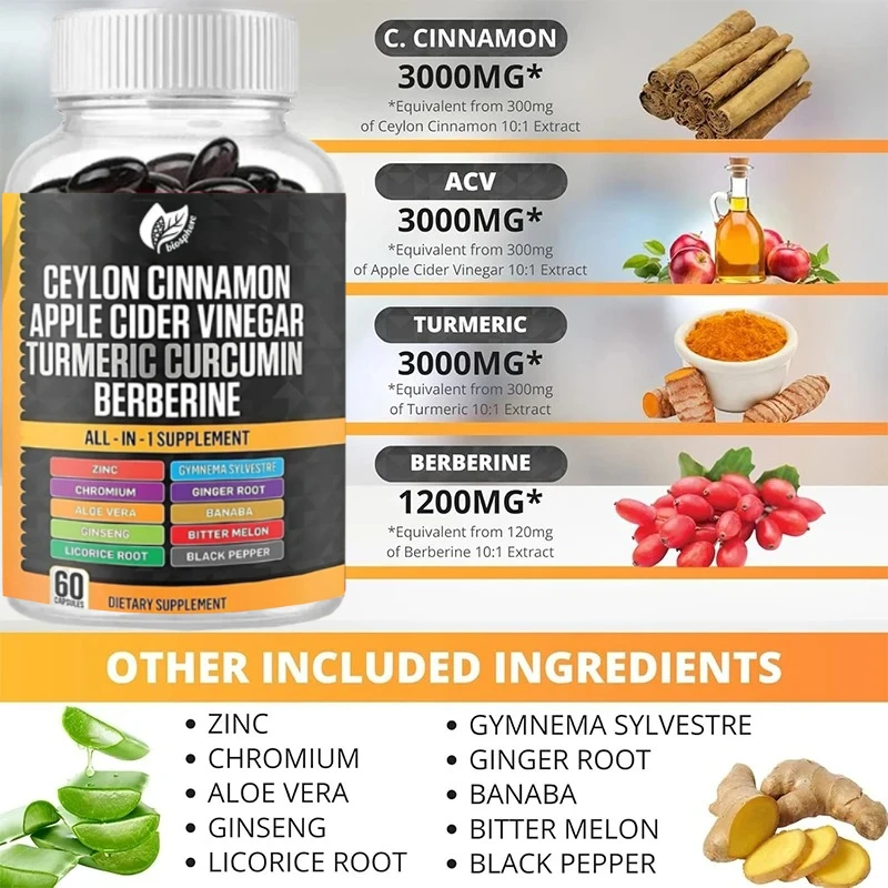 

60 капсул, куркума, яблочный уксус, женьшень, алоэ вера, асшарковая кислотная добавка, пищевая добавка для здоровья, упаковка капсул