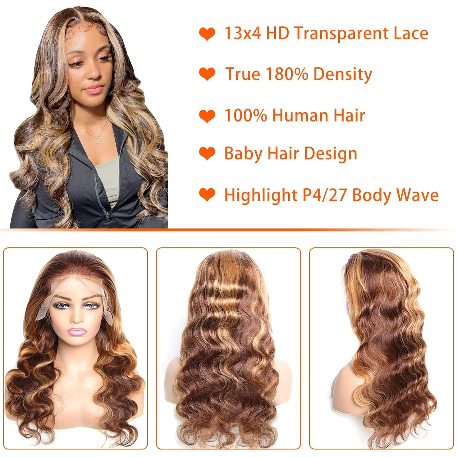 30 34 Inch Highlight 13x4 Lace Frontal Human Hair Body Wave Wigs 4/27 Color Water Wave Transparent Lace Front Wig