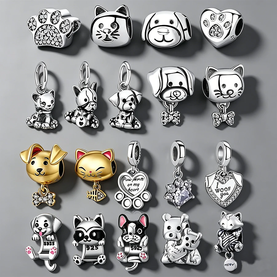 Abalorio de Plata de Ley 925 con Diseño de Huella de Perro/Gato para Amantes de las Mascotas, Compatible con Pulseras Originales, Abalorio Colgante DIY, Regalo de Joyería para Mujeres y Niñas
