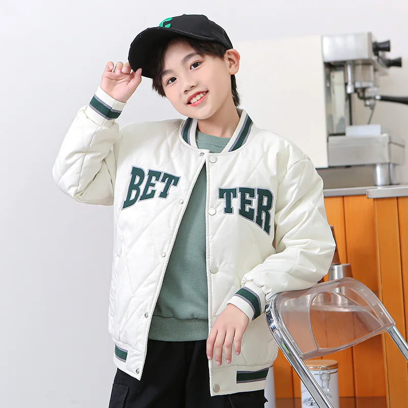 

Fleece Winter Quilted Boys Alphabet Lined Baseball Jackets Children Therme Cotton Filler Coats Kids Outfit Tops 110-175cm Tall