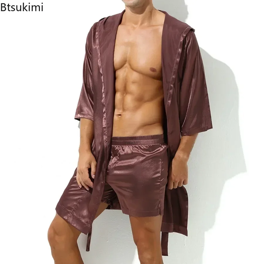 New 2025 Men's Silk Satin Hooded Robes Half Sleeve Slip Long Bathrobe Tracksuit Loungewear Sleepwear Bathrobe Night Gown for Men