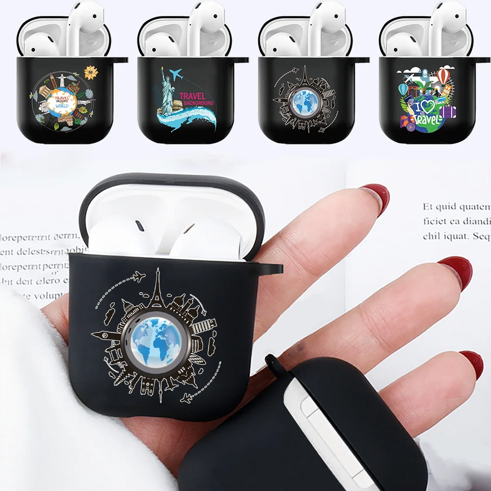 

For Apple Earphone Case AirPods 1st / 2nd Generation Wireless Bluetooth Headphone Travel Print Black Silicone Protective Cover