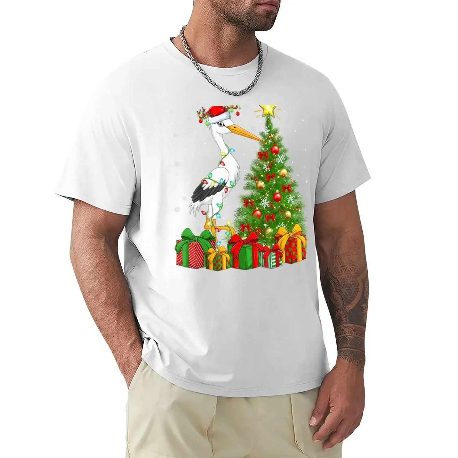 Stork Bird Lover Xmas Holiday Santa Stork Christmas Tree Shirt Summer fashion New Arrival Cotton Short Sleeve heavyweight Round